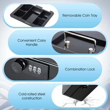 KYODOLED Cash Box with Combination Lock Safe Metal Money Box with Money Tray for Security Lock Box 7.87"x 6.30"x 3.35" Black - Image 5