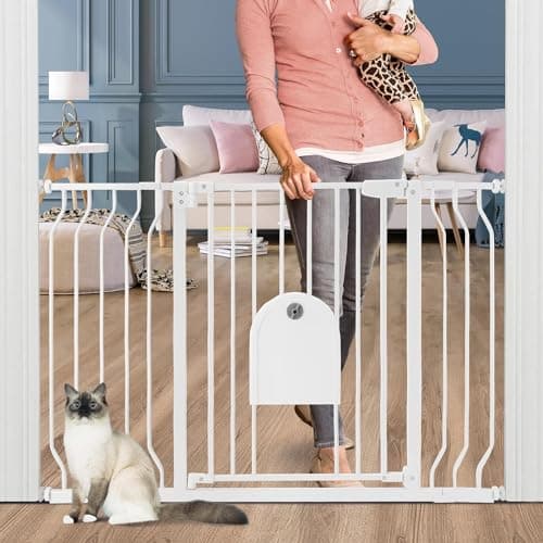 Baby Gates with Cat Door - Auto Close 29.5"-48.4" Safety Metal Dog Pet Gate for Doorway, Stairs, House, Walk Through Child Gate with Pet Door, includes 4 Wall Cups and 2 Extension Pieces - Image 1