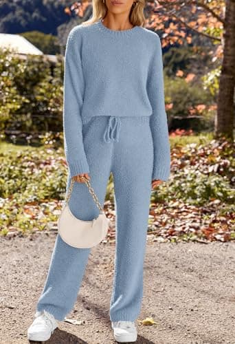 MEROKEETY Womens Pajama Sets 2025 Fall Lounge Sweater Set Cute Fuzzy Fleece 2 Piece Long Sleeve Cozy Winter Pj Outfits, Blue, X-Large - Image 3