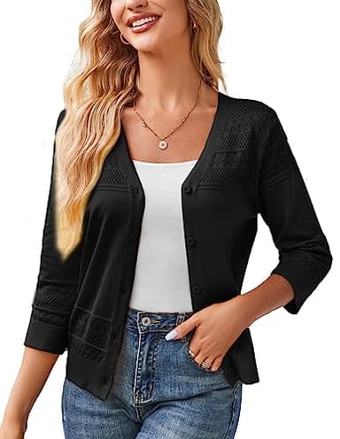 GRACE KARIN Women's Cropped Cardigan 3/4 Sleeve Lightweight Crochet Shrug Hollowed-Out Knit Sweater Tops Black L - Image 1