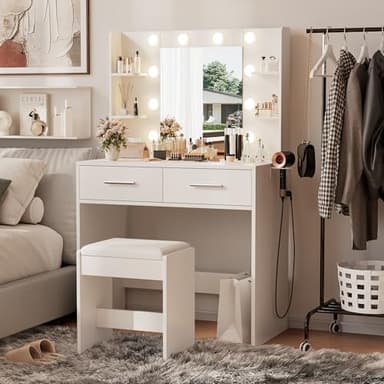 Furmax Make up Vanity Desk with Mirror and Power Outlet, Vanity with 3 Color Light Options Adjustable Brightness,Vanity Desk with 2 Drawers, 6 Storage Shelves (White, with Bench) - Image 5