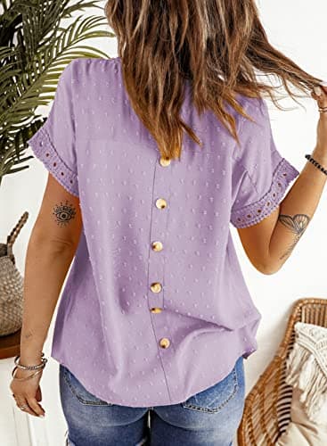Dokotoo Women's Summer Lace Crochet Round Neck Pom Pom Short Sleeve Flowy Chiffon Babydoll Tunic Top - Purple, L - Image 2