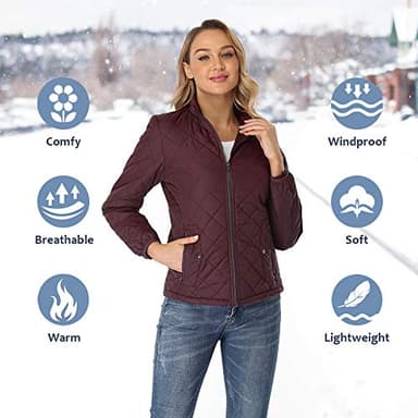 PEIQI Women's Quilted Jacket Coat Outwear Zip-up Stand Collar Padded Jacket with Pockets Red X-Large - Image 3