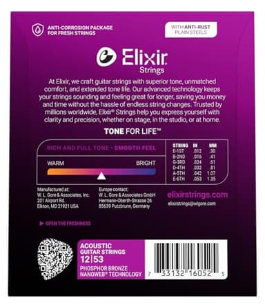 Elixir Strings, Acoustic Guitar Strings, Phosphor Bronze with NANOWEB Coating, Longest-Lasting Rich and Full Tone with Comfortable Feel, 6 String Set, Light 12-53 - Image 2