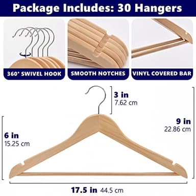 Amber Home 30 Pack Wooden Coat Hangers, Natural Wood Suit Hangers with Non Slip Pant Bar, Clothes Hangers for Shirts, Jackets, Dress, Pant (Natural, 30) - Image 2