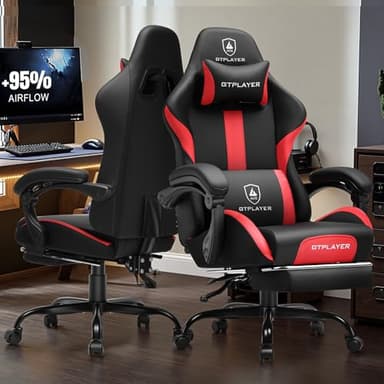 GTRACING Gaming Chair with Foot Rest & Pocket Spring Cushion, Ergonomic High Back Computer Chair with Headrest & 360°-Swivel Seat for Home Office Desk, PU Leather, Red - Image 2