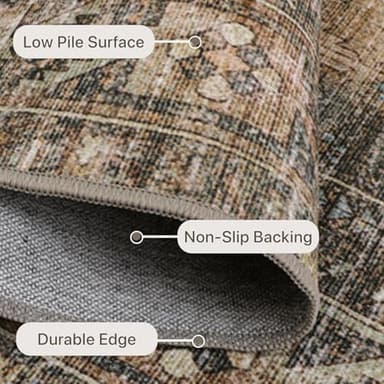 Bavni Washable Rug 9x12 Area Rug for Living Room Bedroom Dining, Washable Vintage Print Carpet, Ultra-Thin Chenille Low Pile Lightweight Rug with Non Slip Backing, Warm Taupe - Image 7