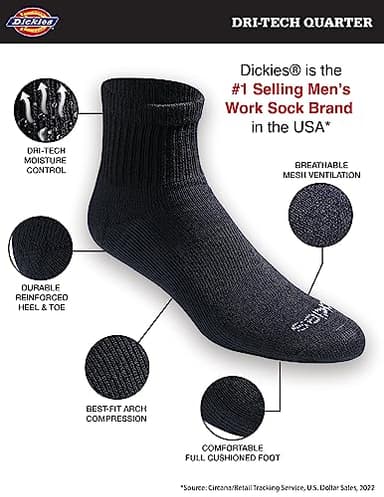 Dickies Men's Dri-Tech Moisture Control Quarter Socks (6, 12, 18 Pairs), Solid Black (12 Pairs), Large - Image 2
