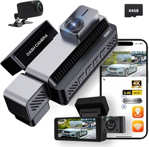 ANTFUTRE Dash Cam Front and Rear 4K HD 3-Channel Dash Cam with 64GB Card, Built-in WiFi GPS, Night Vision, Loop Recording, 24-Hour Parking Mode, G-Sensor and 3.4-inch IPS Screen (MXC-852-1) - Image 1