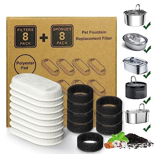 Cat Water Fountain Filter,16 Pack Cat Fountain Replacement Filters for Stainless Steel 67oz/2L Adjustable Water Flow Pet Water Fountain,Dog Water Fountain (8+8 Pack) - Image 1