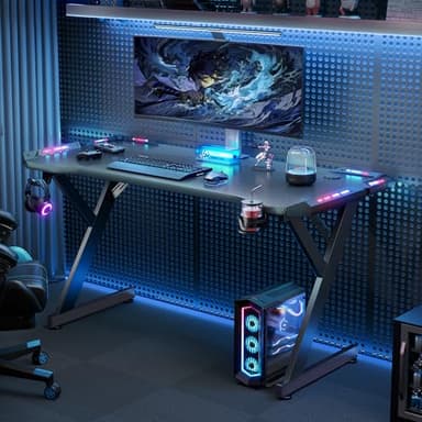HLDIRECT 40 INCH Gaming Desk with LED Lights, Home Office Gamer Desk, Ergonomic Computer Table with Large Carbon Fiber Desktop, Office Workstation, Cup Holder & Headphone Hook, Black - Image 6