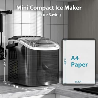WAA Ice Makers Countertop, Portable Ice Maker Machine with Handle, Self-Cleaning with Basket and Scoop, 9 Bullet Ice Cubes in 6 Mins, 26lbs in 24Hrs for Home, Kitchen, Bar(Stainless Steel, Black) - Image 2