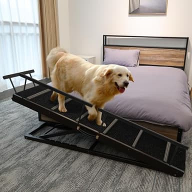 PANTAZO Pet Ramp Folding Portable Wooden Dog & Cat Ramps for Couch or Bed, Including Non Slip Mat & Safety Side Rails, 64.2 Inch Long and Height Adjustable from 13.4 Inch to 38 Inch Up to 110 Lbs - Image 1