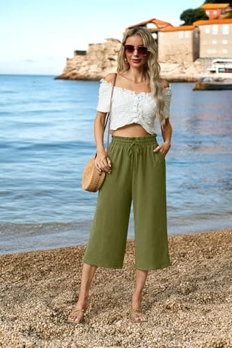 FREEOAK Ladies Summer Capris with Pockets High Waist Wide Leg Flowy Cropped Pants Casual Beach Palazzo Style Army Green Size Medium - Image 5
