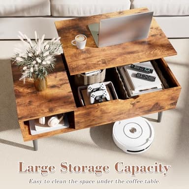 OLIXIS Wooden Coffee Table, Lift Top Coffee Table with Large Hidden Compartment and Ample Storage Shelf, Lift Tabletop Dining Table for Living Room, Home Small Space, Rustic - Image 5