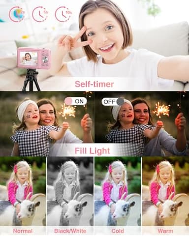 Digital Camera, FHD 1080P Point and Shoot Kids Camera, with 32GB Card, 2 Batteries, 16X Zoom Anti Shake Date Stamp, Compact Portable Small, for Starter Kid Children Teen Student Girl Boy(Pink) - Image 6