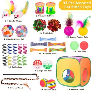 Retro Shaw Cat Toys, 33Pack Large Cats Toys, Interactive Kitten Toys for Indoor Cats Kitty with Collapsible Game Tunnel Tube Tent Feather Wand Teaser Bell Fuzzy Ball Springs Mouse Toys - Image 4