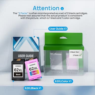 62XL Ink Cartridges Black and Color Compatible for HP Ink 62 XL 62XL Work for Envy 5540 5643 5542 5544 5545 5640 5642 5660 5665 7640 7645 8000 Officejet 5740 5741 5742 5743 5744 5745 Printer (2 Pack) - Image 2