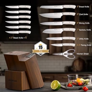 Astercook Knife Set Kitchen with Block and Dual Sharpener Full Tang 15 Pcs German Stainless Steel Knives Dishwasher Safe Kitchen Utensils Set with Anti-slip Ergonomic Handle, Elegant White - Image 6