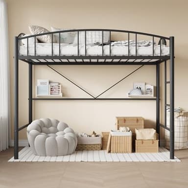 GarveeHome Loft Bed Twin Size, Heavy Duty Metal Loft Bed Frame with Arched Guardrail and Safety Ladder, Space-Saving, No Box Spring Needed, Matte Black - Image 4