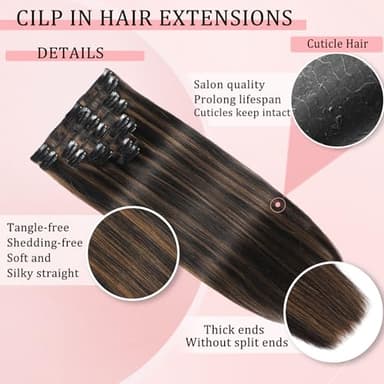 Clip in Hair Extensions Real Human Hair Clip in Extensions for Women Seamless Balayage Natural Black to Chestnut Brown Straight Remy 100% Human Clips ins Extension 8pcs Double Weft 16 inch 3.2oz/90g - Image 3