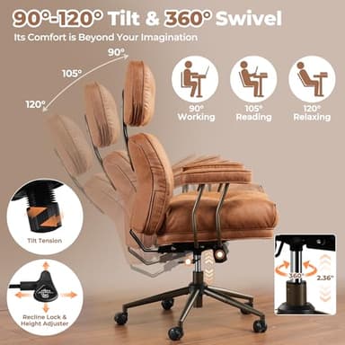 ovios Ergonomic Home Office Chair, Mid-Century Modern Faux Leather Chairs with Thickened Cushions, Comfy High Back Swivel Rolling Executive Computer Armchair (Brown, Suede Leather) - Image 4