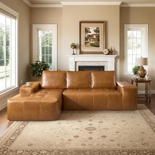 114" Boneless Couches for Living Room, Brown Faux Leather Cloud Sectional Couches with Chaise, Deep Seat L Shaped Modular Sofa, No Assembly Required Sofas in a Box (Left,Faux Leather,Brown) - Image 1