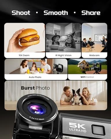 5K Video Camera Camcorder, UHD 64MP Vlogging Camera for YouTube with 3" 270° Rotatable Touch Screen, Digital Camera with IR Night Vision, 16X Zoom/WiFi/Webcam/HD/32GB Card/2 Batteries/Microphone - Image 7