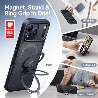 CASEKOO for iPhone 17 Pro Case with Magnetic Ring Stand [Camera Protection][Military Drop Protection][Fit for MagSafe] Translucent Matte Slim Phone Cover for iPhone 17 Pro Case 6.3", Black - Image 3