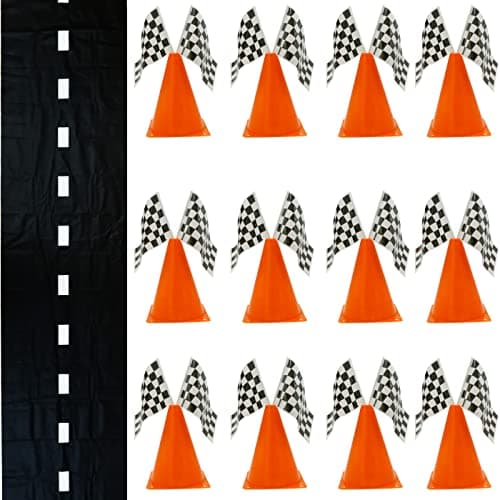 4E's Novelty 38 Pieces Set - 12 Traffic Cones With Hole on Top, 24 Checkered Flags, Racetrack Floor Runner - for For Race Car Birthday Party Supplies, Table Centerpiece Decorations Kids Gift - Image 1
