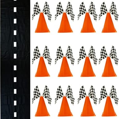 4E's Novelty 38 Pieces Set - 12 Traffic Cones With Hole on Top, 24 Checkered Flags, Racetrack Floor Runner - for For Race Car Birthday Party Supplies, Table Centerpiece Decorations Kids Gift - Image 1