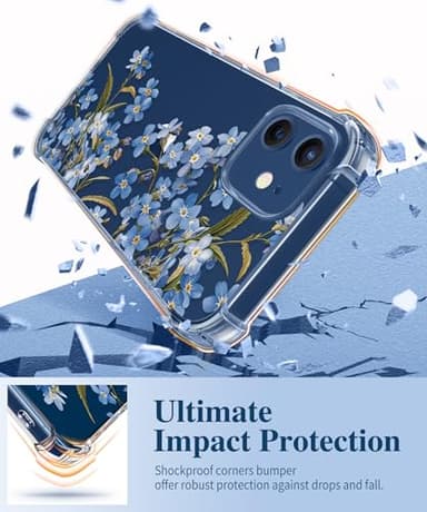 GVIEWIN for iPhone 12 Case and iPhone 12 Pro Case with Screen Protector + Camera Lens Protector, Clear Floral Flexible TPU Shockproof Women Girls Flower Phone Case 6.1"(Aconite/Blue) - Image 4