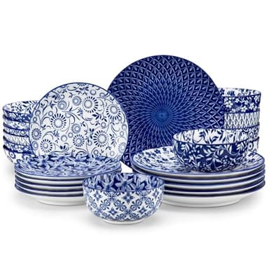 vancasso SELENE Plates and Bowls Set for 6, 24 Pieces Dinnerware Sets, Mircowave and Dishwasher Safe Dishes Set, Porcelain Blue Dinnerware - Image 1