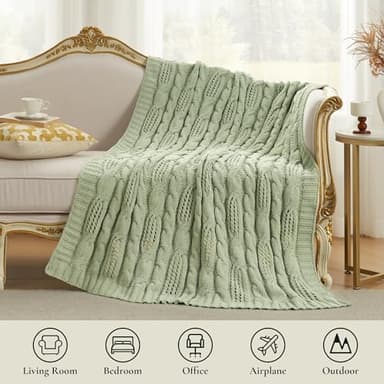 Amélie Home Chunky Knit Throw Blanket, Dual-Sided Soft Chenille Breathable Cable Knitted Blanket for Couch, Farmhouse Decorative Throw for Sofa & Chair, 50"x60", Sage Green - Image 3