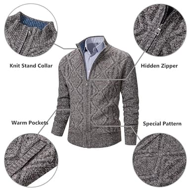 VtuAOL Men's Casual Stand Collar Full Zip Sweaters Thick Knitted Cardigan Winter Coat Coffee US L - Image 2