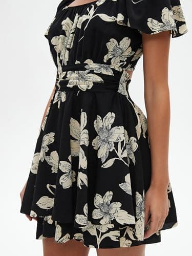 EXLURA Women's 2025 Summer Ruffle Short Sleeve Tie Back Romper Dress Square Neck A Line Cute Dressy Short Jumpsuits Black Floral - Image 5