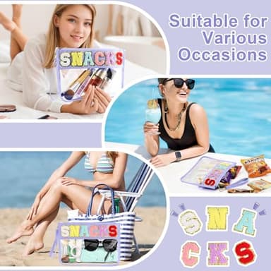 Snack Bag for Travel - Clear Chenille Varsity Letter Flat Pouch with Zipper, Waterproof Clear PVC&PU Preppy Patch Makeup Cosmetic tote Bags for Women Girls (Purple-Snacks) - Image 6