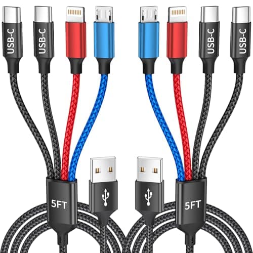 Travel Essentials, Dual Type-C 4 in 1 Multi Charging Cable for Multiple Devices, USB Cables Universal Phone Charger Cord with IP/Micro/2 USB-C Port for iPhone17/16/15/14, Android Tablet Pad, 2Pack 5FT - Image 1