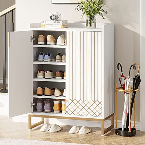 Tribesigns Shoe Cabinet with Doors, 5 Tiers Shoe Storage Cabinet for Entryway, 25 Pairs Wooden Shoe Cabinets, Modern Shoe Organizer Storage for Living Room, Bedroom, Hallway, Closet, White - Image 1