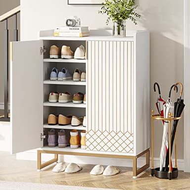 Tribesigns Shoe Cabinet with Doors, 5 Tiers Shoe Storage Cabinet for Entryway, 25 Pairs Wooden Shoe Cabinets, Modern Shoe Organizer Storage for Living Room, Bedroom, Hallway, Closet, White - Image 1