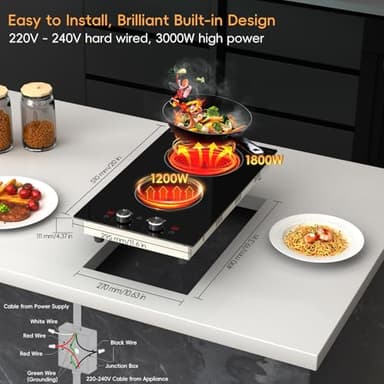 Zarbaco 2 Burner Electric Cooktop 220-240V, 3000W Radiant Electric Stove Top with Built-in Design, 12 inch Knob Control Ceramic Cooktop with Safety Lock, 9 Level Power, Timer - Hard Wire - Image 4