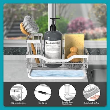 Vanwood Kitchen Sink Caddy Organizer Sponge Holder for Kitchen Sink, Rustproof Dish Soap Sponge Caddy for Counter with Detachable Brush Holder & Drain Tray - Storage Home & Cocina Accesorios, SILVER - Image 4