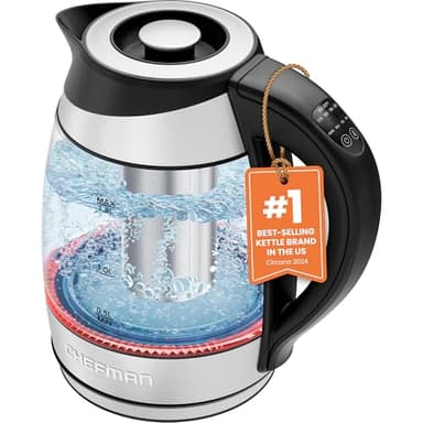Chefman Electric Kettle with Temperature Control, 5 Presets LED Indicator Lights, Removable Tea Infuser, Glass Tea Kettle & Hot Water Boiler, 360° Swivel Base, BPA Free, Stainless Steel, 1.8 Liters - Image 1