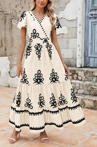 PRETTYGARDEN Womens 2025 Summer Casual V Neck Boho Maxi Dress Flowy Aline Bell Sleeve Tiered Floral Dresses with Pocket (Floral Apricot Black,X-Large) - Image 4