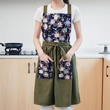 Pinknoke Vintage Pinafore Apron Dress for Women with Pockets Cute Floral Chef Aprons for Kitchen Cooking Baking Gardening (Olive Green) - Image 8