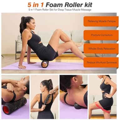 5 in 1 Foam Roller Set - Trigger Point Foam Back Roller, Muscle Roller Stick, Massage Ball, Stretching Band for Deep Muscle Massage Pilates Yoga,Fitness Exercise for Whole Body Release (Black) - Image 7