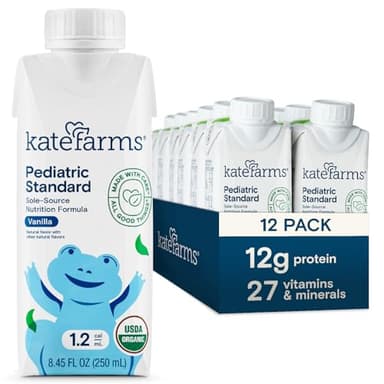 KATE FARMS Organic Pediatric 1.2 Sole-Source Vanilla Nutrition Shake, 12g protein, 27 Vitamins and Minerals, High Calorie Meal Replacement, Gluten Free, 8.45 oz (12 pack) - Image 1