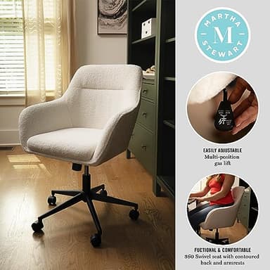 Martha Stewart Rayna Swivel Task Chair with Flared Arms for Home Office in White Boucle with Oil Rubbed Bronze Frame - Image 4