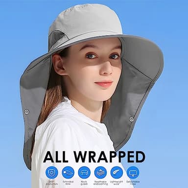 Outdoor Sun Hat Detachable Neck Face Flap UPF 50+UV Protection Visor Fishing Hats with Neck Flap for Men & Women Light Grey - Image 5