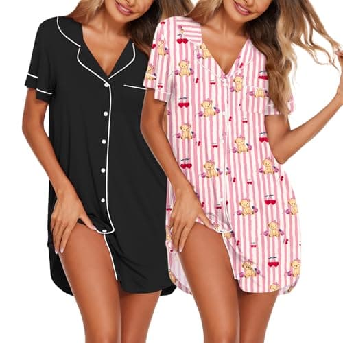 Ekouaer Nightgowns for Women 2 Pack Button Down Sleepwear Short Sleeve Sleepshirts Soft Nightshirts Boyfriend Pajama Dress - Image 1